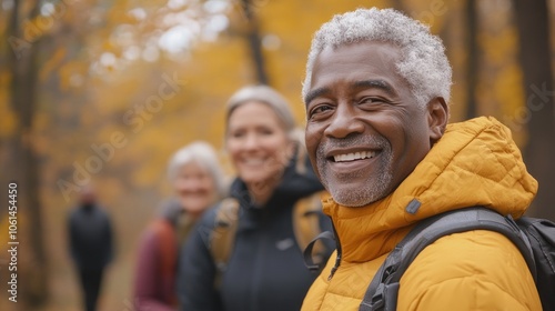 A diverse group of senior friends, including an elderly African American man and woman with gray hair, smiling at the camera while hiking in nature