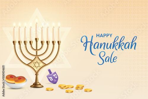Hanukkah Festvial Celebration Pastel Yellow Background With Memorah. Donuts, Dreidel and Coins. Hanukkah Shopping Festive Sale, Greetings Theme Concept Design Vector Illustration.