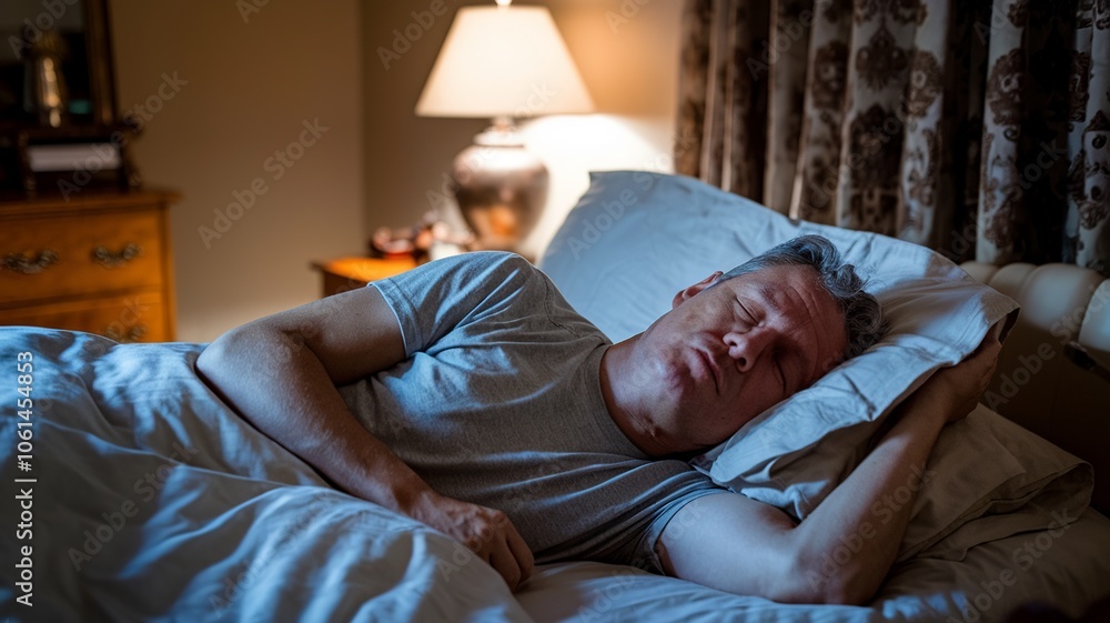 Fototapeta premium Middle-Aged Man Naps Peacefully in Cozy Bed. Time to rest and nap concept