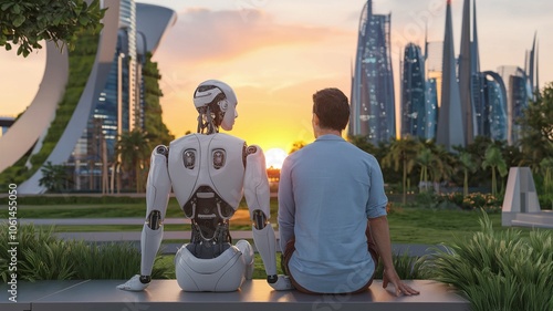 A futuristic scene showing a peaceful setting where humans and humanoid robots coexist harmoniously. The environment is a blend of advanced technology and nature