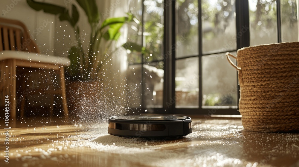 Compact robot vacuum cleaner collecting dust on a wooden floor, showcasing the ease of automated cleaning in a smart home setting Compact robot vacuum cleaner collecting dust on a wooden floor, showcasing the ease of automated cleaning in a smart home setting