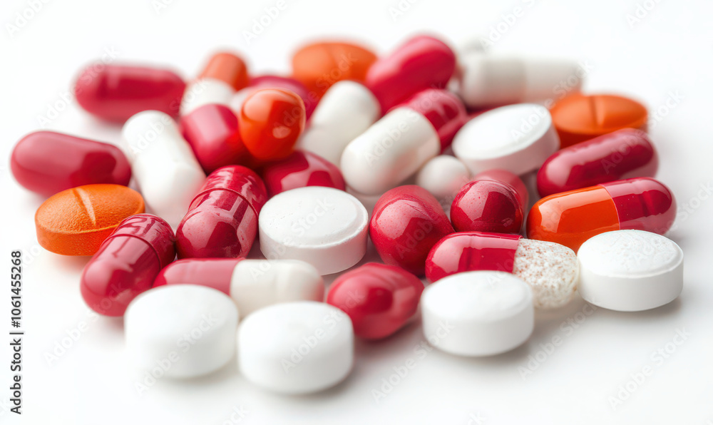 Pile of various red, white and orange pills on white background Pile of various red, white and orange pills on white background