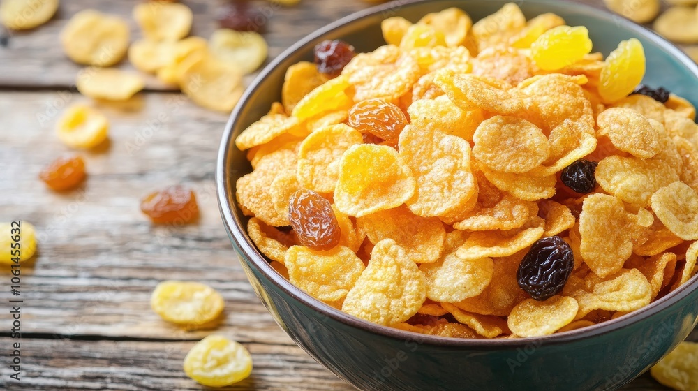 Crunchy honey cornflakes with dry fruits including cashews, raisins, and apricots, arranged in a bowl on a rustic wooden table Crunchy honey cornflakes with dry fruits including cashews, raisins, and apricots, arranged in a bowl on a rustic wooden table