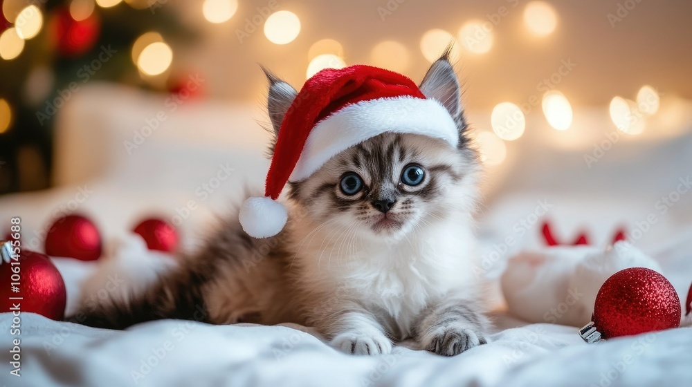 Cute cat and puppies in red Santa hats, posing with holiday decor and a soft, cozy background for a festive feel Cute cat and puppies in red Santa hats, posing with holiday decor and a soft, cozy background for a festive feel