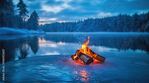 Crackling fire on the frozen lake under starlight, casting reflections on the icy surface with snow-dusted trees in the distance photo