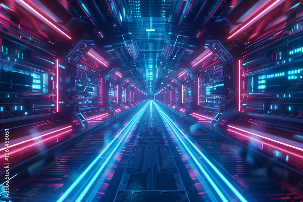 Fototapeta premium Sci-fi technolog screen with noise. Hi-tech neon sci-fi tunnel. Trendy neon glow pattern and construction. Fly through technology cyberspace. 3d looped seamless 4k. Cyberpunk style empty monitor gui
