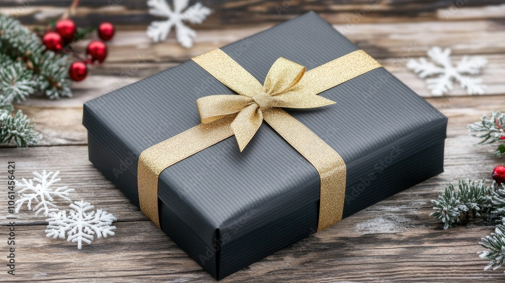 Elegant gift box with gold ribbon tied in a bow, surrounded by delicate holly branches and snowflakes on a rustic wooden table Elegant gift box with gold ribbon tied in a bow, surrounded by delicate holly branches and snowflakes on a rustic wooden table