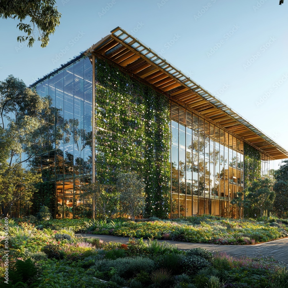Modern Green Building Architecture With Glass Facade and Lush Garden Modern Green Building Architecture With Glass Facade and Lush Garden
