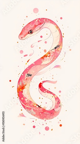 Traditional Chinese pink and white watercolor snake illustration poster background