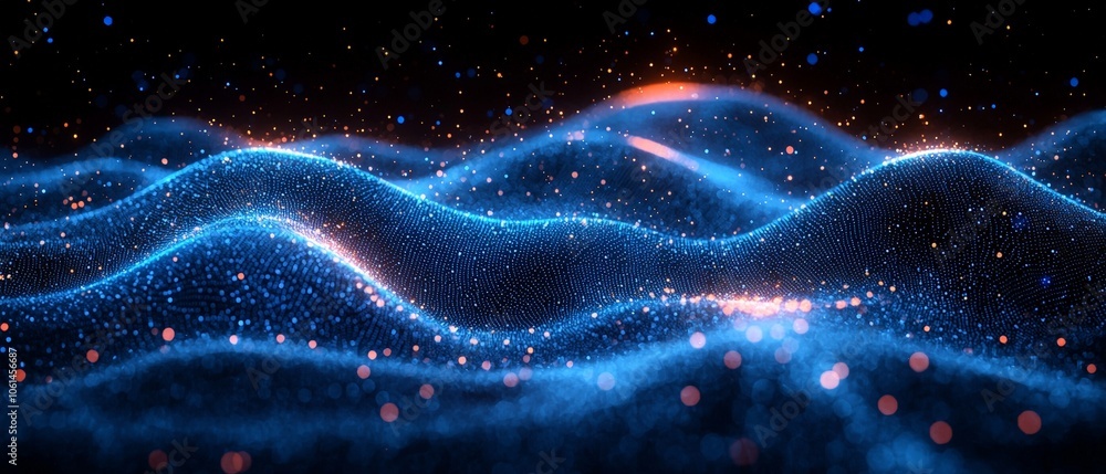 A digital representation of flowing waves with glowing particles, evoking a sense of motion. A digital representation of flowing waves with glowing particles, evoking a sense of motion.
