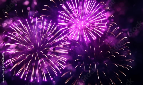 A vibrant display of pink and purple fireworks in a dreamy, cosmic background.