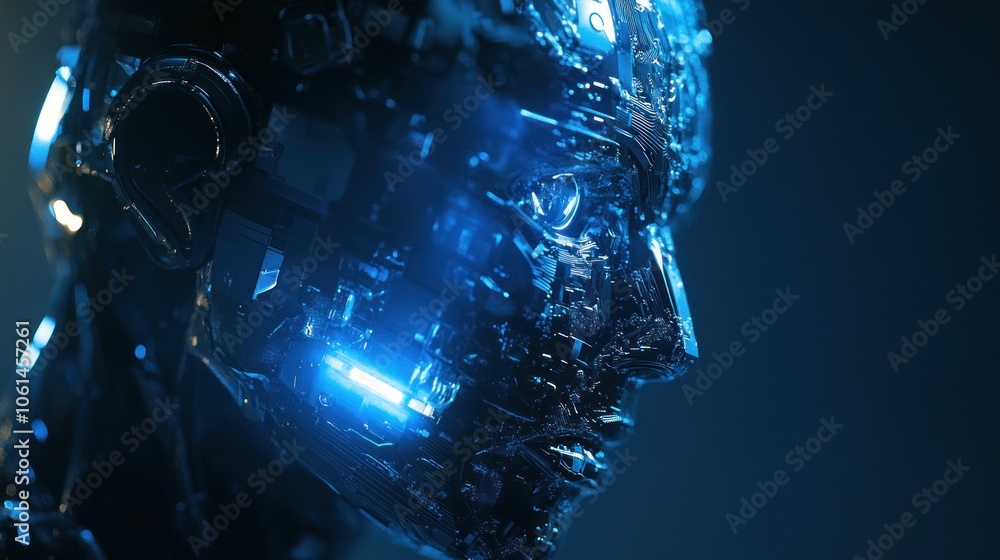 Close-up of a robotic head with glowing blue lights and a metallic exterior. Close-up of a robotic head with glowing blue lights and a metallic exterior.
