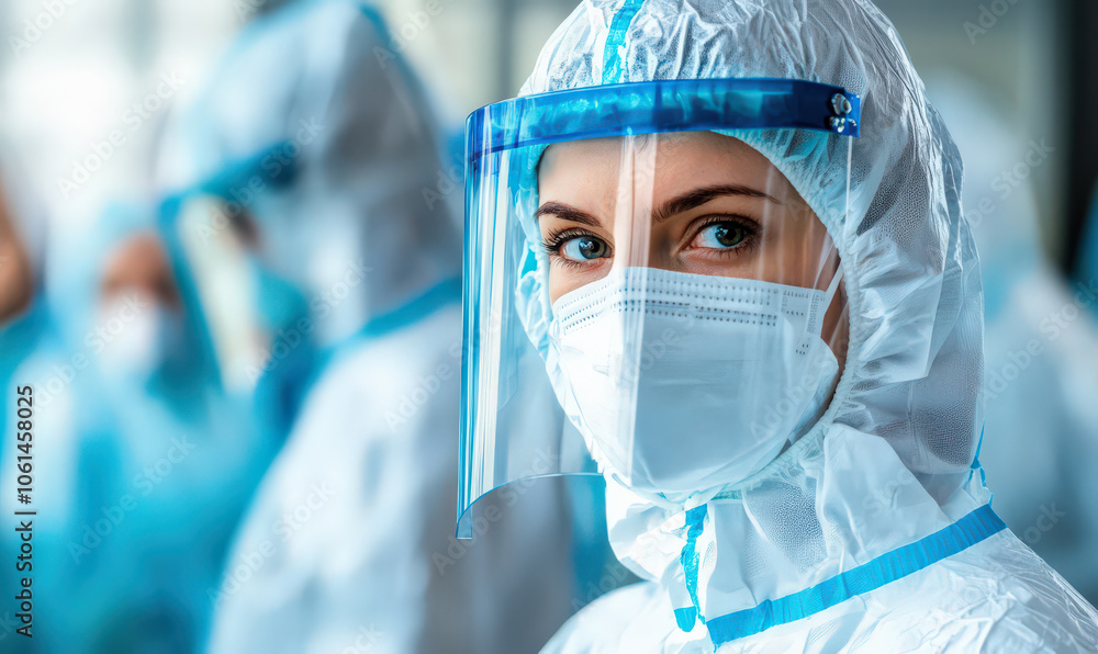 female healthcare worker wearing face mask and face shield, looking directly at camera with determined expression female healthcare worker wearing face mask and face shield, looking directly at camera with determined expression