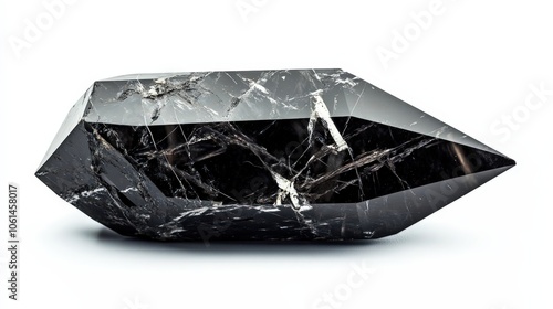 Elegant black gemstone with sharp facets and intricate marble patterns photo