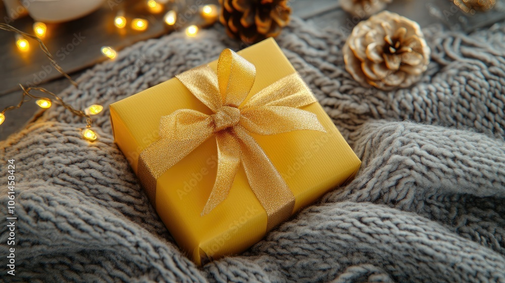 Gift box with a golden ribbon, set in a cozy winter scene with branches, fairy lights, and a soft blanket background Gift box with a golden ribbon, set in a cozy winter scene with branches, fairy lights, and a soft blanket background
