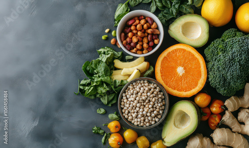 vibrant selection of fresh fruits, vegetables, and legumes. They are arranged on gray background, highlighting variety and color of healthy foods