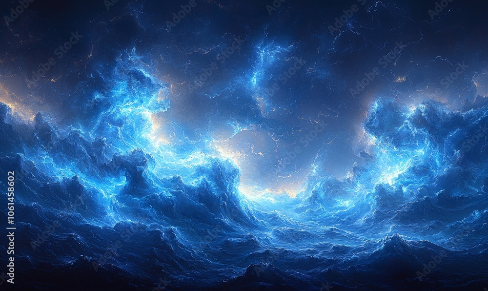 A dramatic ocean scene with swirling blue waves and a vibrant sky. A dramatic ocean scene with swirling blue waves and a vibrant sky.