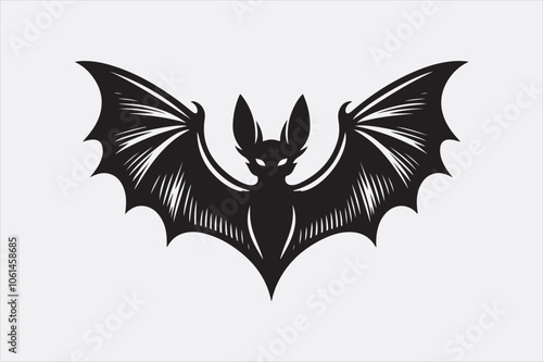 A black silhouette of a flying bat with outstretched wings.