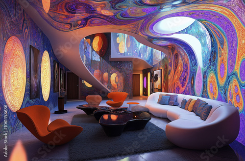 3D Abstract Living Room: Modern Futuristic Apartment with Dreamy Fractals and Virtual Interior Design for a Unique Living Space