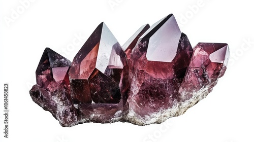 Vibrant red crystal cluster on white background displaying translucent geometric structures photo