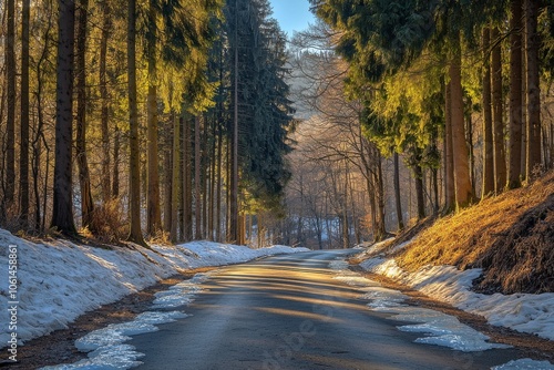 A serene road winding through a forest, illuminated by sunlight, with patches of snow along the edges.