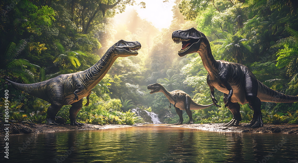 Fototapeta premium 3D rendering Dinosaurs in the jungle, Generative AI
