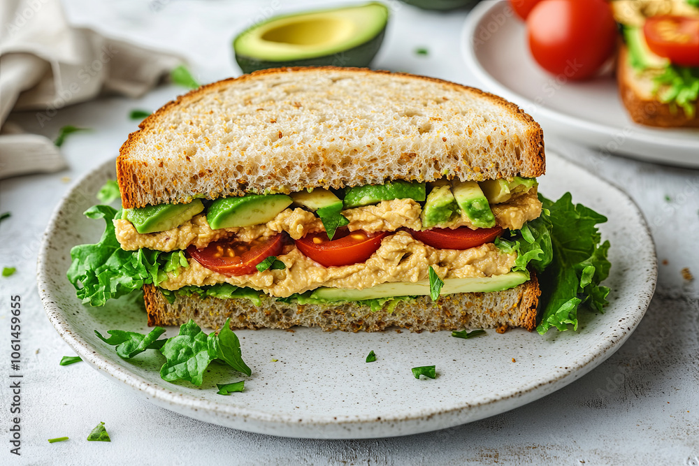 Vegan sandwich with avocado, tomatoes, lettuce, and hummus cut in half on a white plate Vegan sandwich with avocado, tomatoes, lettuce, and hummus cut in half on a white plate