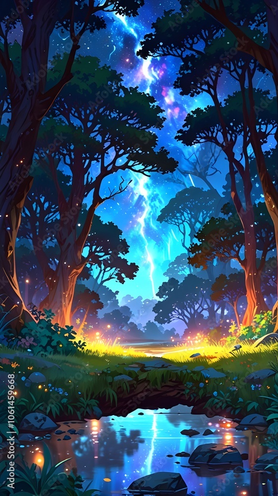Fototapeta premium Anime Potrait Image of Forest in Fantasy World, Lake, Mountain, Waterfall, Background, Wallpaper