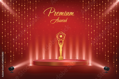 Premium Award On Podium With Set Of Hanging Lights On Red Background. Royal Ethnic Theme Elements Concept Design Vector Illustration For Grand Music Concert, Movie, Party, Festival Celebration Etc.