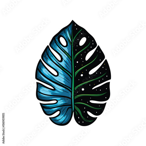 A surreal, abstract leaf design bisected vertically, with one half representing a vibrant daytime scene and the other half representing a stark, minimalist nighttime scene.