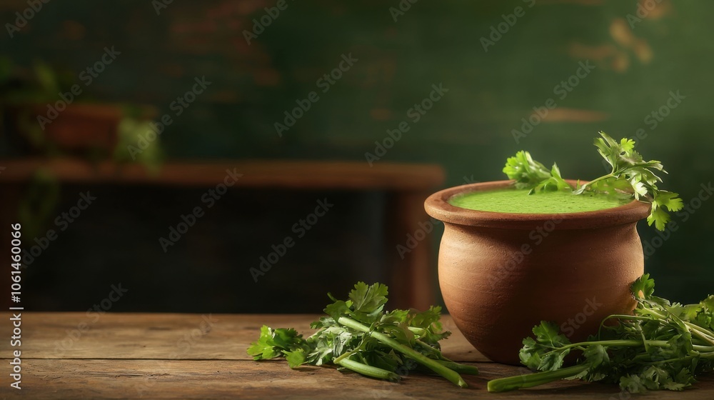 A rustic clay pot filled with vibrant green chutney, surrounded by fresh cilantro leaves on a wooden table against a textured backdrop. A rustic clay pot filled with vibrant green chutney, surrounded by fresh cilantro leaves on a wooden table against a textured backdrop.