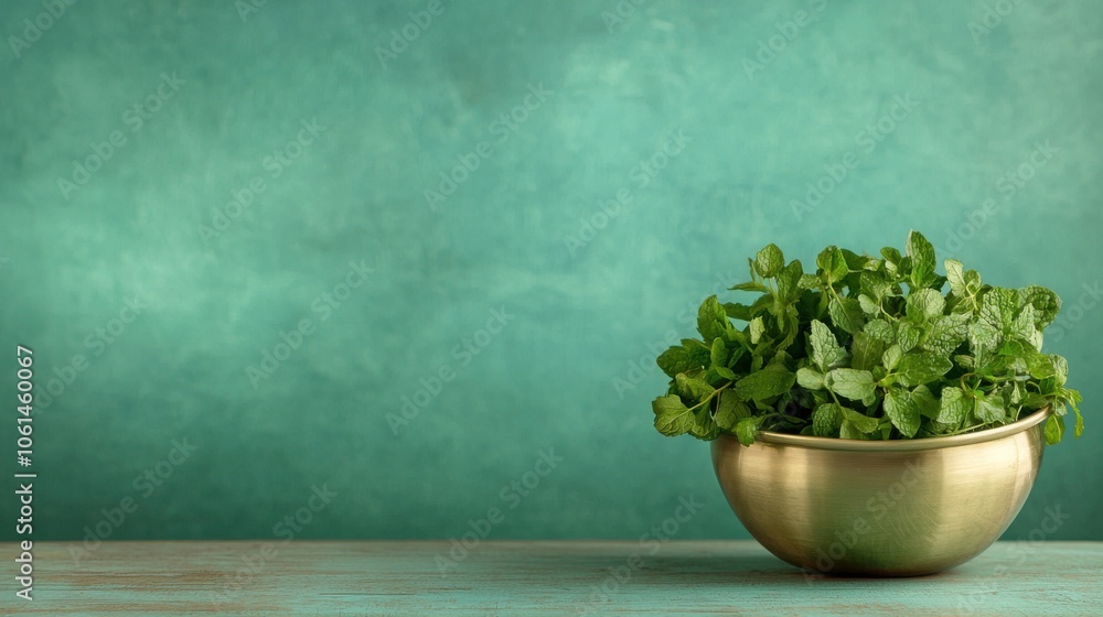 Fresh green herbs in a golden bowl placed on a textured turquoise background, creating a vibrant and appetizing aesthetic. Fresh green herbs in a golden bowl placed on a textured turquoise background, creating a vibrant and appetizing aesthetic.