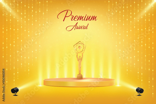 Premium Award On Podium With Set Of Hanging Lights On Yellow Background. Royal Ethnic Theme Elements Concept Design Vector Illustration For Grand Music Concert, Movie, Party, Festival Celebration Etc.