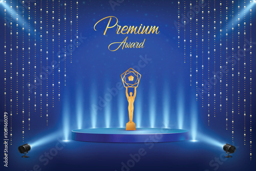 Premium Award On Podium With Set Of Hanging Lights On Blue Background. Royal Ethnic Theme Elements Concept Design Vector Illustration For Grand Music Concert, Movie, Party, Festival Celebration Etc.