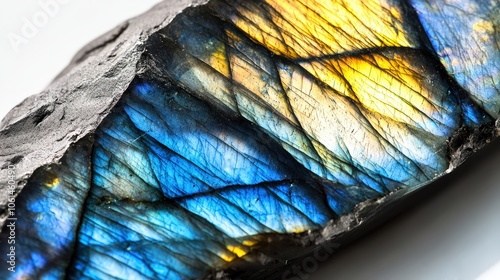 Vibrant labradorite gemstone with iridescent blue and gold reflections photo