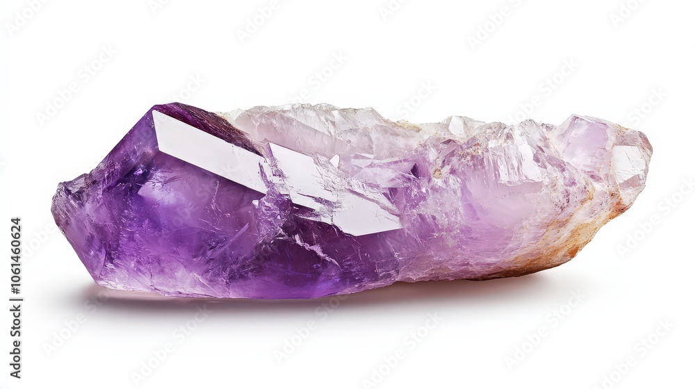 Vibrant amethyst crystal with natural purple hues displayed on white background Vibrant amethyst crystal with natural purple hues displayed on white background