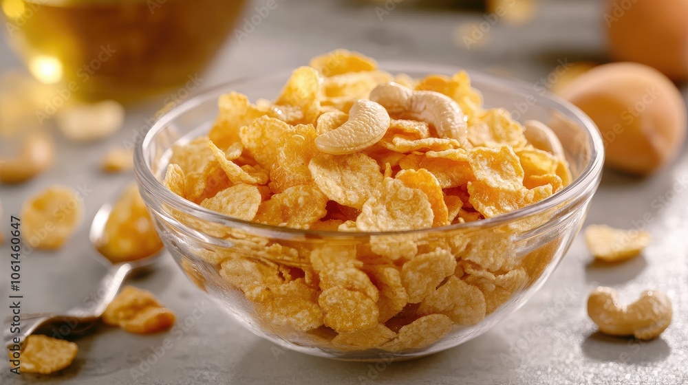 Honey cornflakes with mixed dry fruits like cashews and apricots in a bowl, surrounded by honey, spoon, and morning light Honey cornflakes with mixed dry fruits like cashews and apricots in a bowl, surrounded by honey, spoon, and morning light
