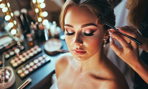 A woman receiving makeup application in a beauty setting with cosmetics in the background.