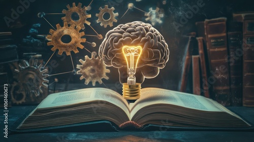 A glowing light bulb shaped like a brain on top of an open book surrounded by gears and books.