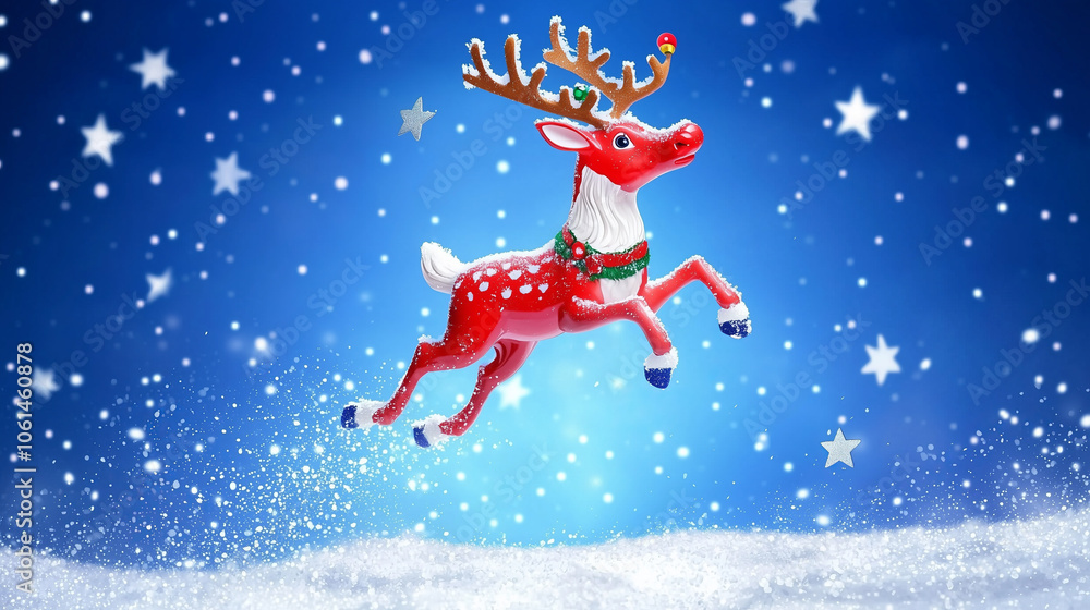 Red reindeer leaping through snowy air with stars in the background.. Red reindeer leaping through snowy air with stars in the background..