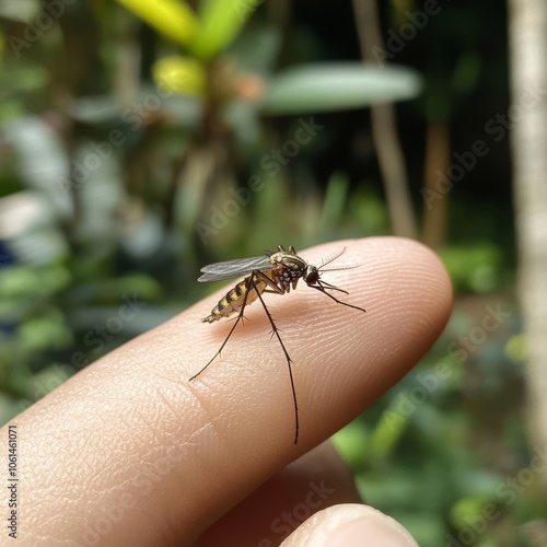 A mosquito is biting a person's hand.