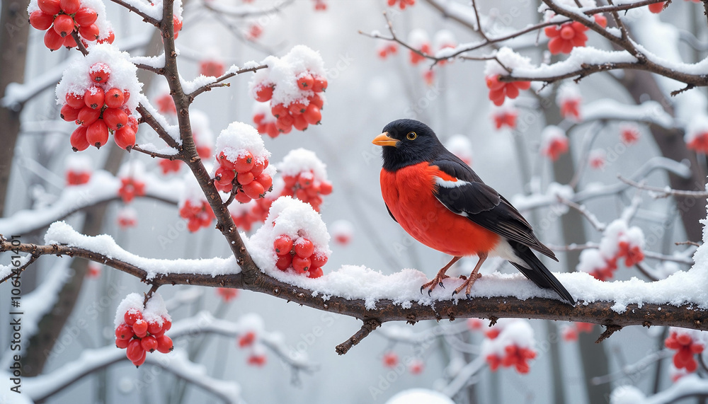 It is a sunny winter morning, a big bullfinch is sitting on a branch of a snow-covered mountain ash with red berries. It is a sunny winter morning, a big bullfinch is sitting on a branch of a snow-covered mountain ash with red berries.