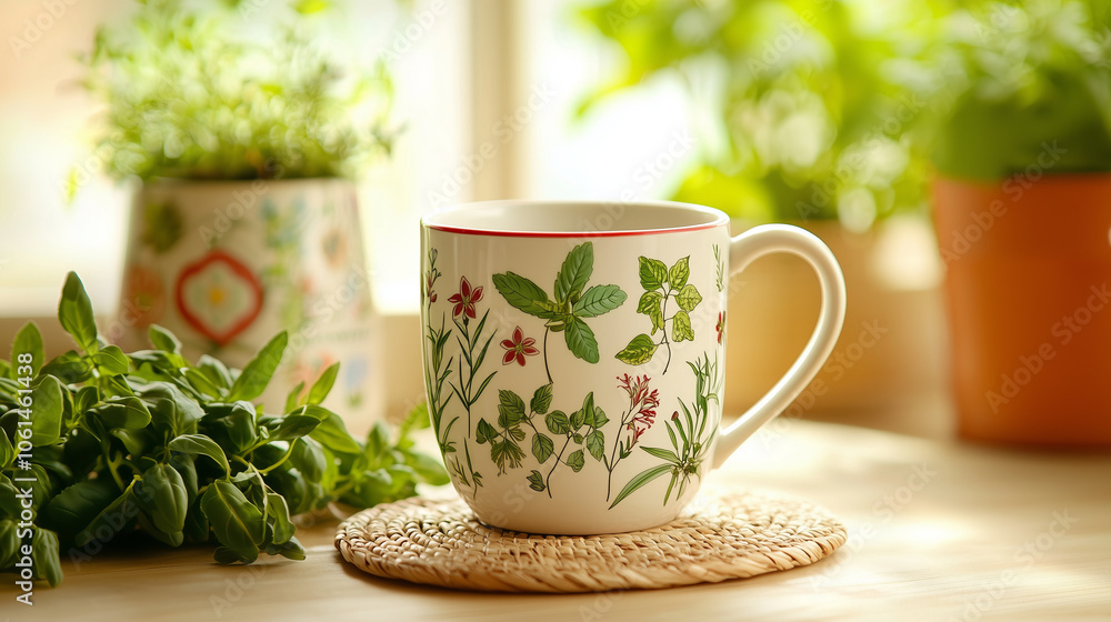 Floral mug on a woven coaster with plants in the background.. Floral mug on a woven coaster with plants in the background..