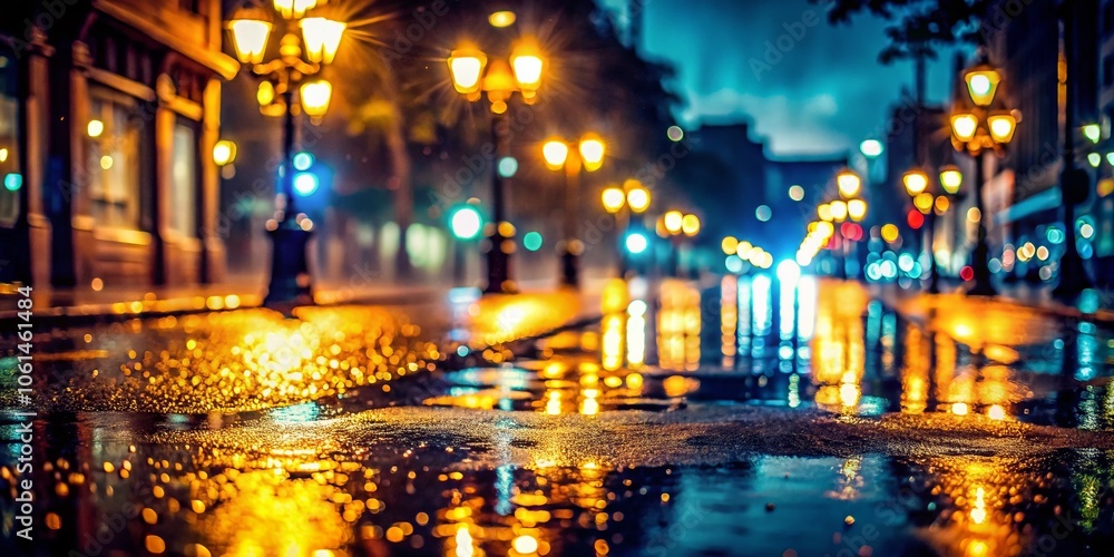 Obraz premium Nighttime Streetlight in Rain - Atmospheric Urban Scene with High Depth of Field, Reflective Puddles, and Soft Glows Perfect for Cityscapes, Weather, and Night Photography Themes