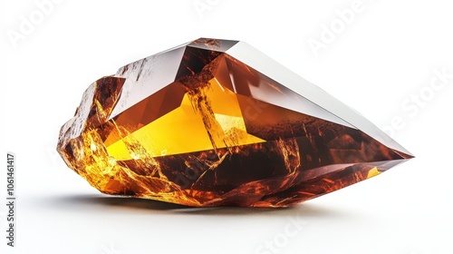 Polished orange quartz crystal with reflective surfaces on white background