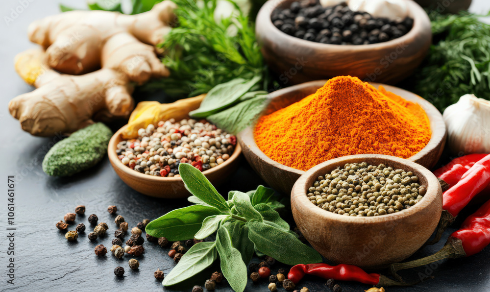 Aromatic spices and herbs in bowls, creating vibrant and flavorful composition Aromatic spices and herbs in bowls, creating vibrant and flavorful composition