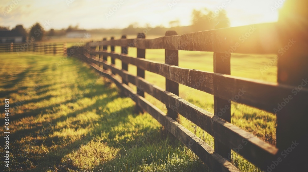 A wooden fence stretches across a sunlit field, highlighting a serene rural landscape. A wooden fence stretches across a sunlit field, highlighting a serene rural landscape.