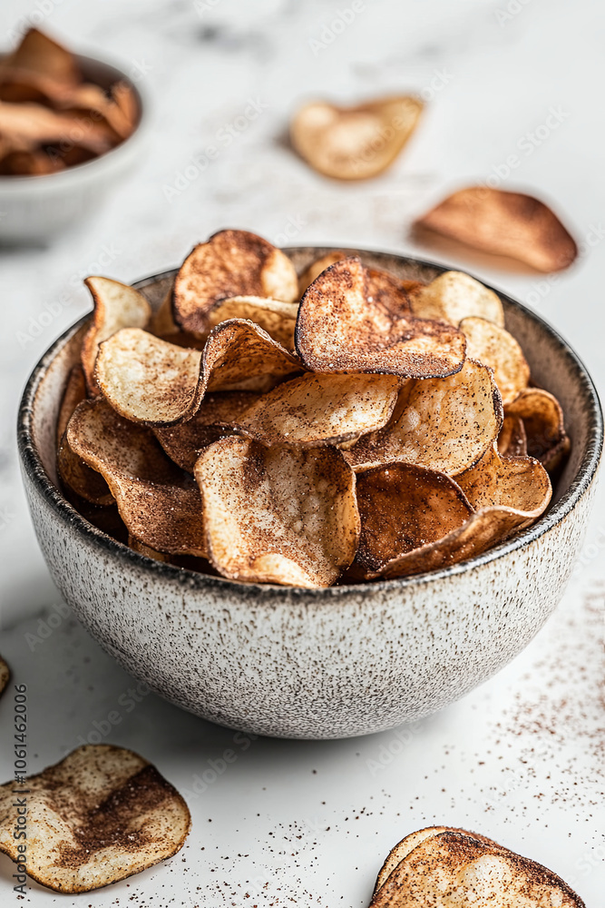 Fototapeta premium A bowl of potato chips overflowing, with some scattered around