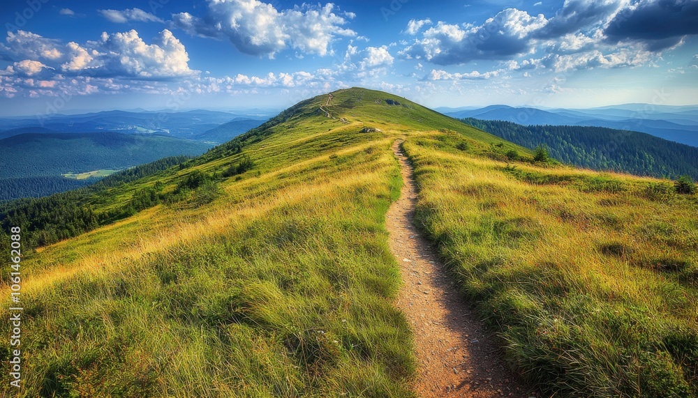 Fototapeta premium A serene mountain landscape with a winding path leading to a lush green hill under a bright blue sky with fluffy clouds.
