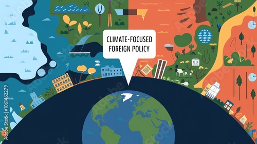 Illustrative concept of climate-focused foreign policy, highlighting global environmental issues and international collaboration.